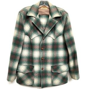 Vintage Jack Frost Mens Woolen Wear Wool Western Blazer Green Plaid.